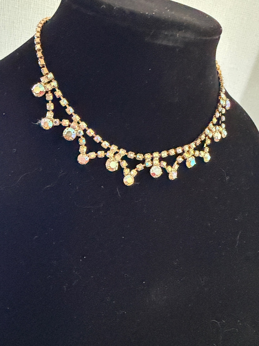 Vintage Aurora Borealis Rhinestone Necklace – Gold Tone Hollywood Glamour